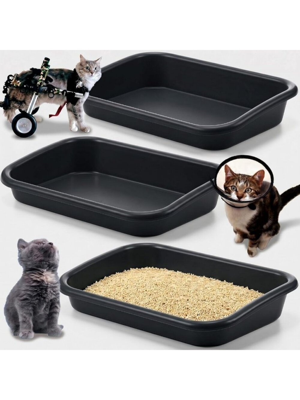 Large Low Entry Cat Litter Box Set - 3 Pcs, Dark Gray, Easy Clean & Spacious
